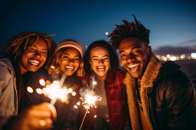 Amigos de tom médio a celebrarem o ano novo.