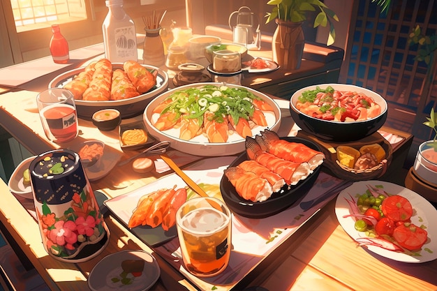 Foto grátis bela cena de desenho animado de comida de anime