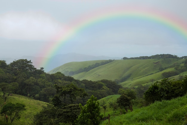 Bela paisagem com arco-íris e colinas verdes