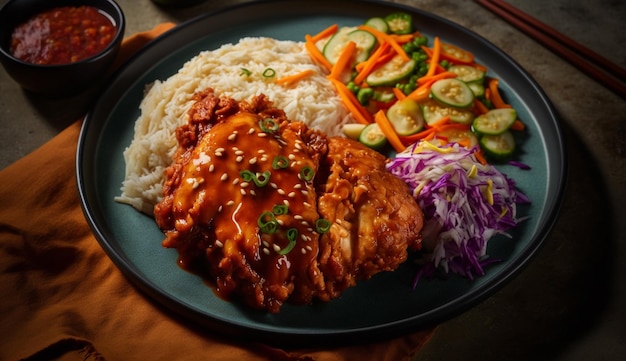 Foto grátis bife de porco grelhado fresco com ai generativa de placa de salada de legumes