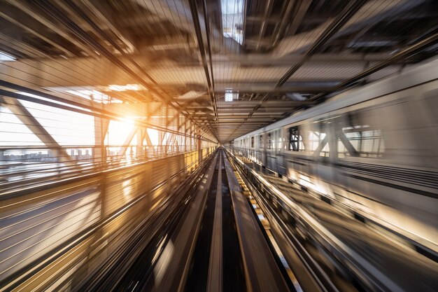 Borrão de movimento do trem automático se movendo dentro do túnel em Tóquio, Japão.