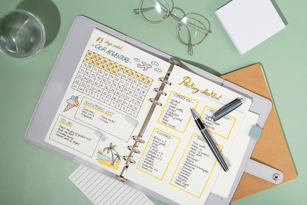 Bullet journal e caneta vista superior