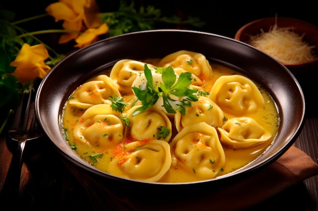 Foto grátis cappelletti em brodo sopa italiana tradicional em mesa de madeira