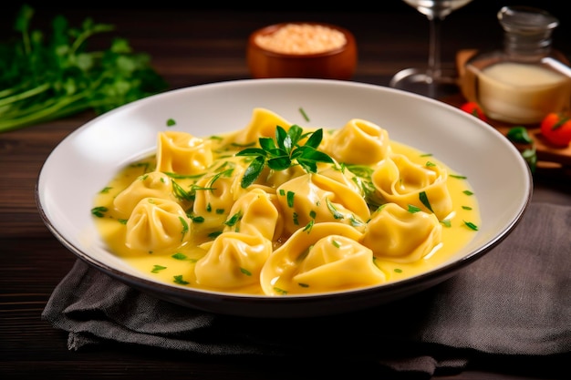 Foto grátis cappelletti em brodo sopa italiana tradicional em mesa de madeira