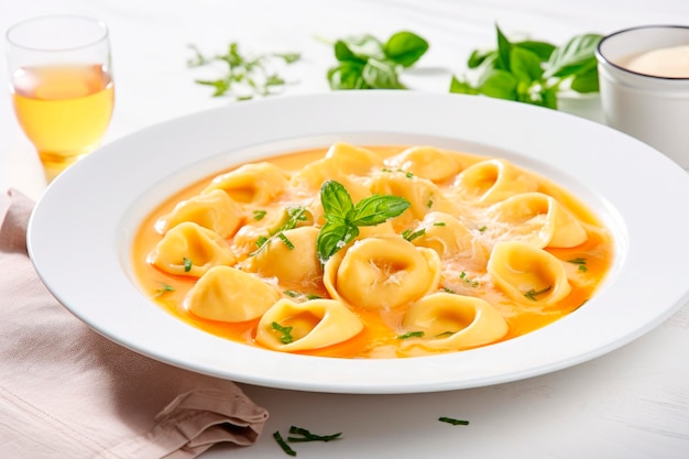 Foto grátis cappelletti em brodo sopa italiana tradicional em mesa de madeira