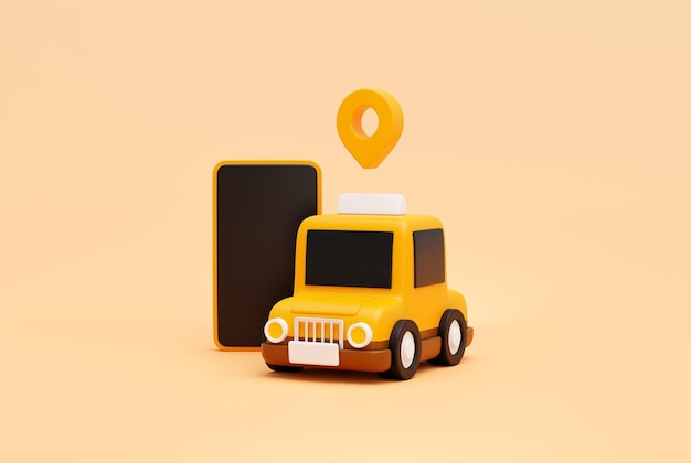 Foto grátis carro de táxi com localização de marca de ponteiro pin e smartphone para conceito de serviço de transporte online ícone de desenho animado de banner da web ou ilustração 3d de fundo de símbolo