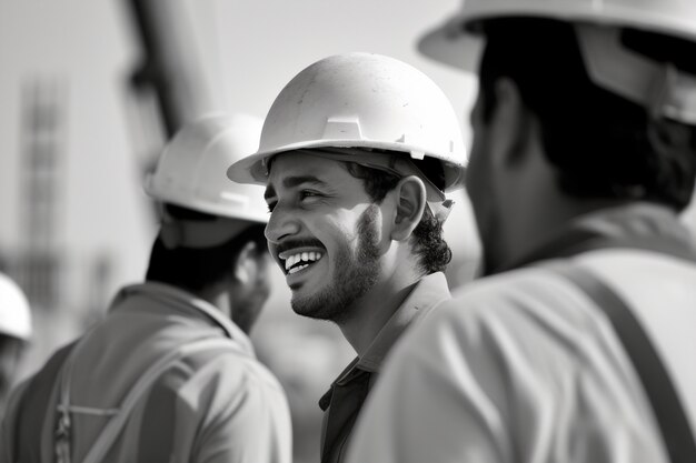 Cena em preto e branco mostrando a vida dos trabalhadores da construção no local