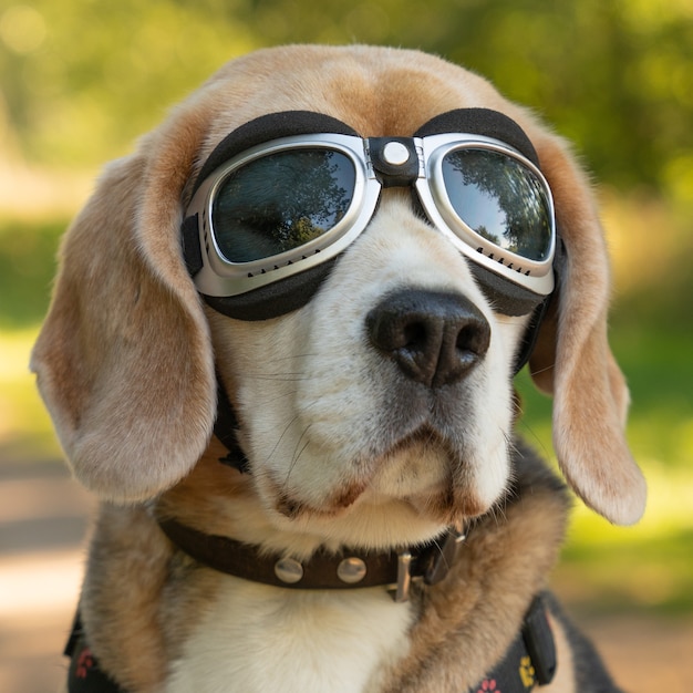 Foto grátis closeup tiro de um beagle de óculos escuros com um fundo desfocado