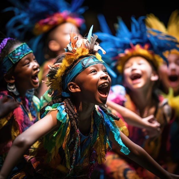 Foto grátis crianças realizando uma peça no palco do teatro para celebrar o dia mundial do teatro