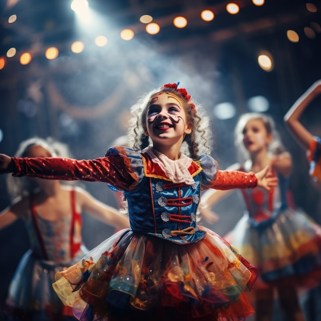 Foto grátis crianças realizando uma peça no palco do teatro para celebrar o dia mundial do teatro