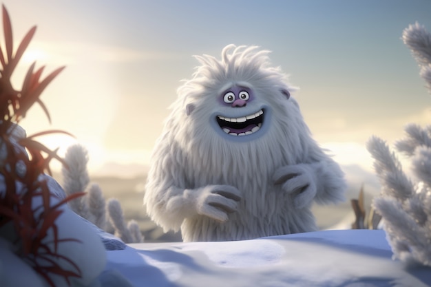 Foto grátis criatura peludo do personagem yeti na paisagem de inverno