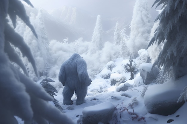 Foto grátis criatura peludo do personagem yeti na paisagem de inverno