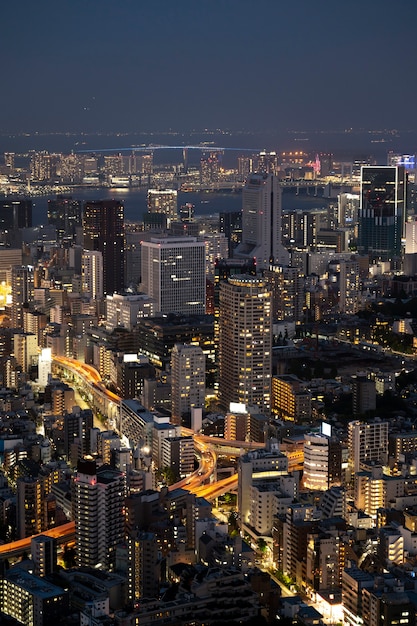 Edifícios de alto ângulo com paisagem de luzes