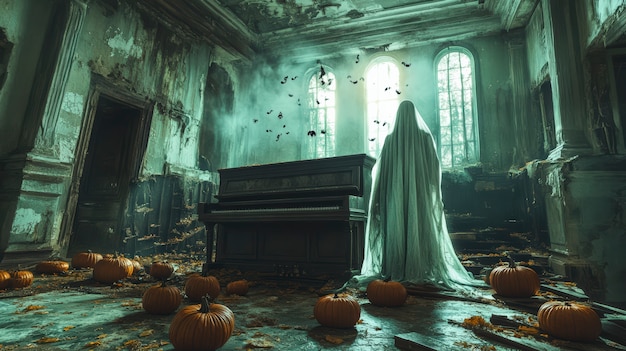 Foto grátis fantasmas e abóboras para o halloween no estilo escuro