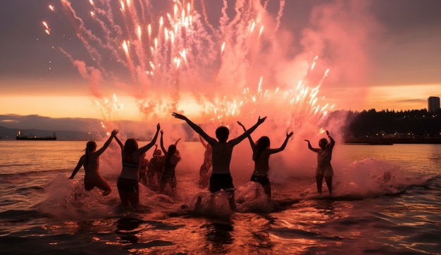 Fotografia completa de amigos a celebrar o ano novo.