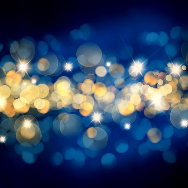 Fundo azul e dourado de Natal com luzes de bokeh e estrelas