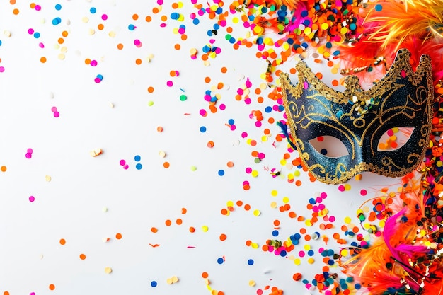 Foto grátis fundo de festa de carnavalmáscara veneziana em fundo branco com espaço de cópia de confete