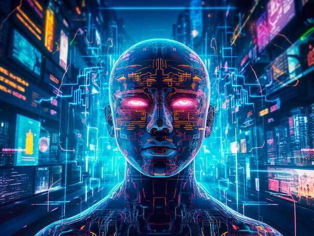 Foto grátis ilustração cyberpunk com cores de néon e tecnologia futurista