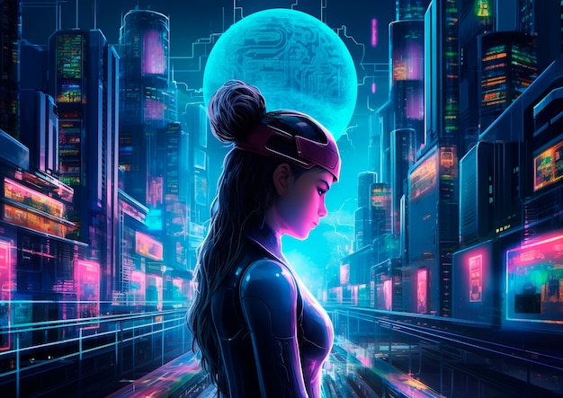 Foto grátis ilustração cyberpunk com cores de néon e tecnologia futurista