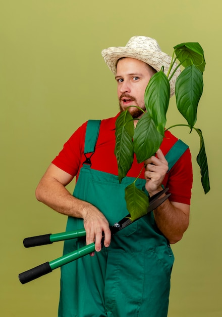 Foto grátis jovem e bonito jardineiro eslavo impressionado de uniforme e chapéu segurando plantas e podadores isolados na parede verde oliva