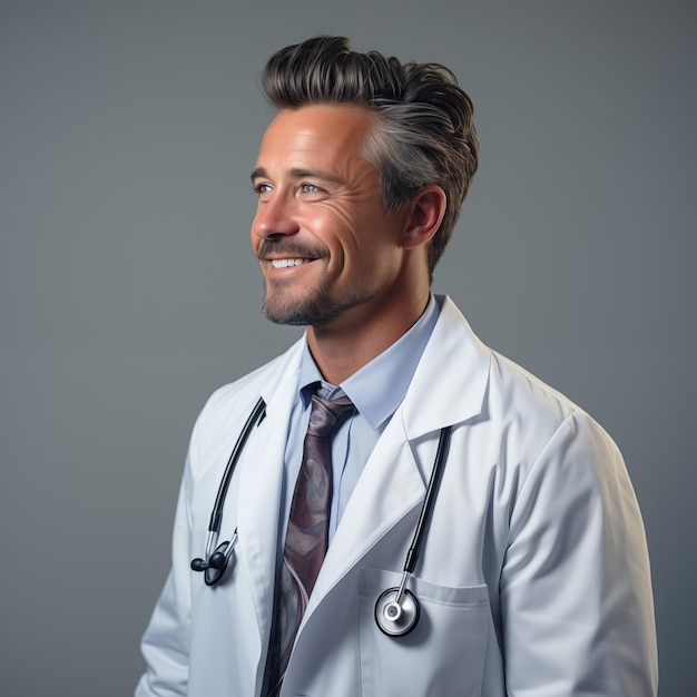 Foto grátis jovem médico feliz olhando para o tempo