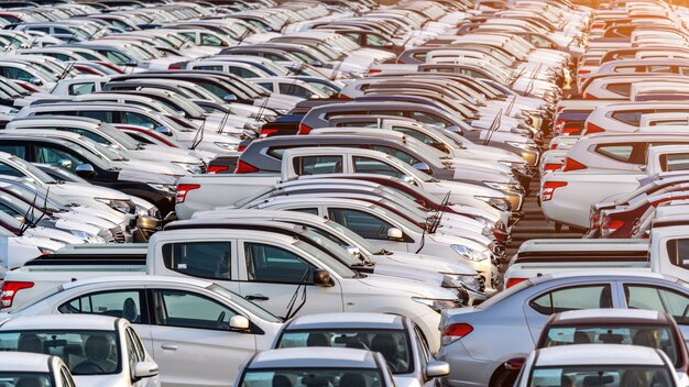 Linha de carros novos no porto.