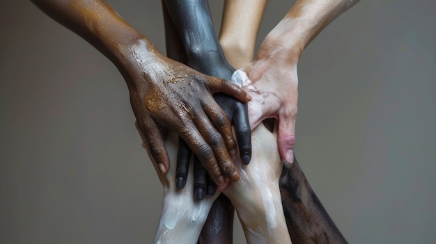 Foto grátis mãos de diferentes cores de pele e etnias se unindo em sinal de diversidade