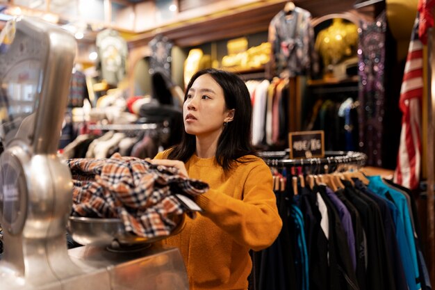 Mulher de vista lateral fazendo compras em brechó