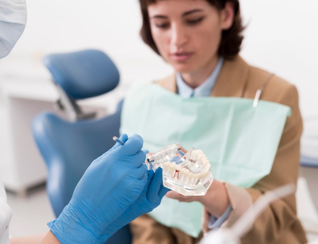 Foto grátis paciente do sexo feminino olhando para molde dentário com ortodontista