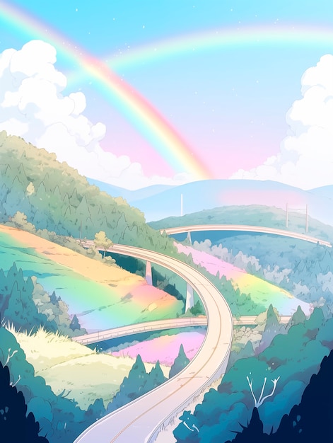 Foto grátis paisagem de arco-íris de anime