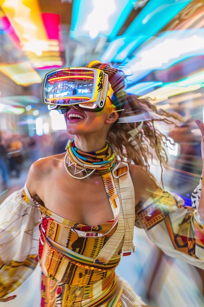 Foto grátis pessoas dançando em uma festa imersiva com fones de ouvido de realidade virtual e cores de néon brilhantes