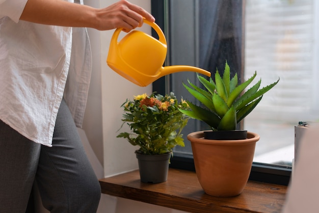 Foto grátis planta de rega de mulher de vista lateral