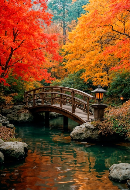 Foto grátis ponte japonesa sobre o lago durante o outono