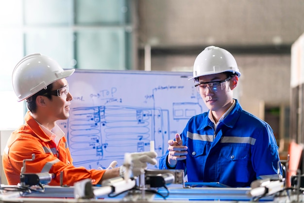 Foto grátis profissional de engenheiro asiático masculino tendo uma discussão em pé ao lado da máquina na fábrica dois colegas de trabalho asiáticos brainstorm explicando e resolvendo a placa-mãe do processo curcuit da máquina