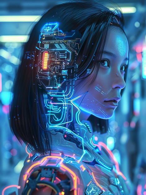 Foto grátis retrato de humanoide feminino futurista com tecnologia avançada