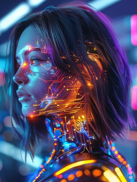 Foto grátis retrato de humanoide feminino futurista com tecnologia avançada