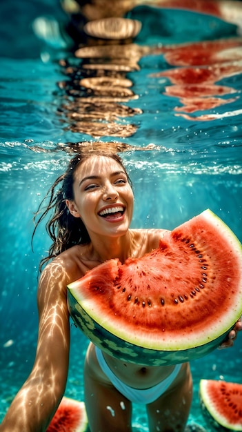 Retrato de mulher no verão nadando com frutas tropicais