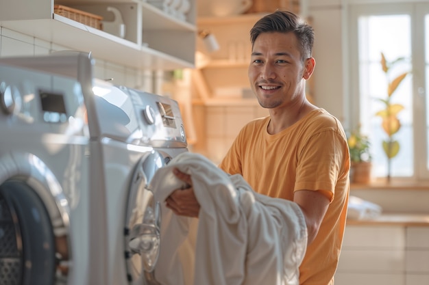 Foto grátis retrato de um homem moderno realizando tarefas domésticas em uma atmosfera gentil e sonhada