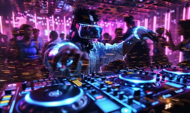 Foto grátis set futurista com dj encarregado da música usando óculos de realidade virtual