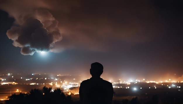 Foto grátis silhueta de um homem em frente à cidade à noite