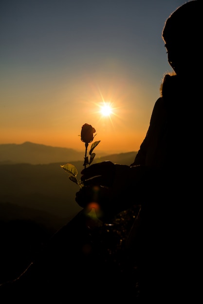 Silueta, de, par, segurando, rosa, ligado, colina, em, a, pôr do sol, tempo, skyline, ligado, fundo