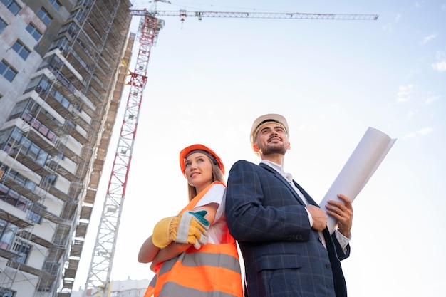 Foto grátis trabalhador de construção civil no local com arquiteto