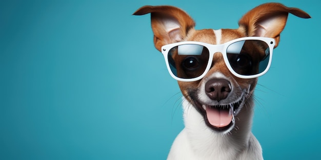 Foto grátis um cão alegre com olhos brilhantes em um fundo azul