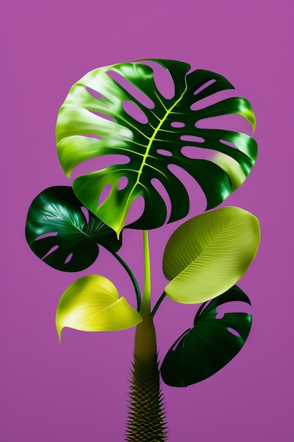 Foto grátis um fundo roxo com uma folha de monstera.