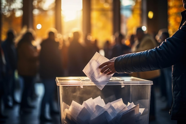 Foto grátis um homem coloca uma cédula em uma urna de votação de perto votação e eleições de candidatos que defendem direitos