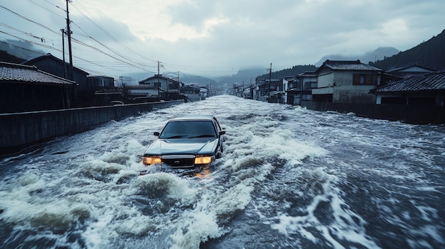 Foto grátis uma grande onda de tsunami bate numa cidade.