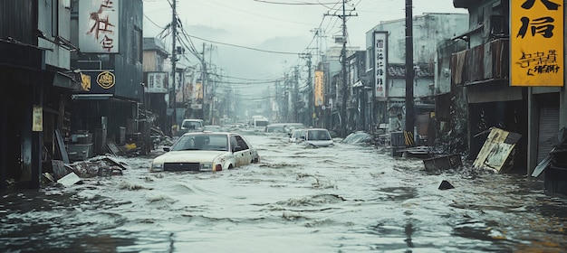 Foto grátis uma grande onda de tsunami bate numa cidade.