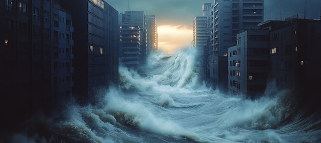 Foto grátis uma grande onda de tsunami bate numa cidade.