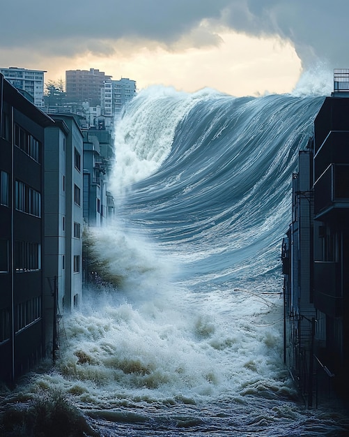 Foto grátis uma grande onda de tsunami bate numa cidade.