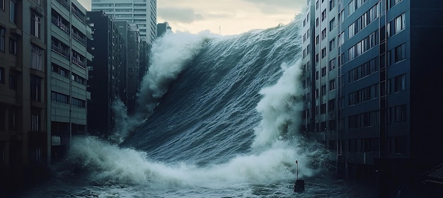 Foto grátis uma grande onda de tsunami bate numa cidade.